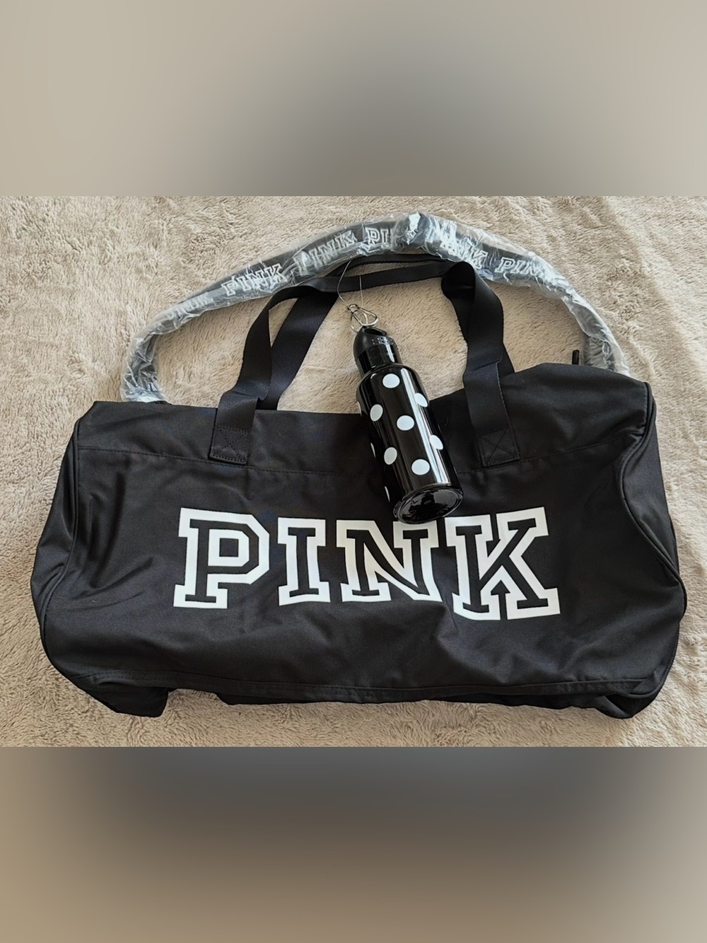New Victoria’s Secret PINK Black Duffle Bag & Polka Dot Water Bottle Set